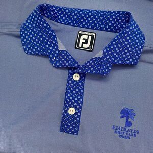 FootJoy Golf Polo Shirt Mens Small Blue Athletic Fit FJ Emirates Dubai Logo